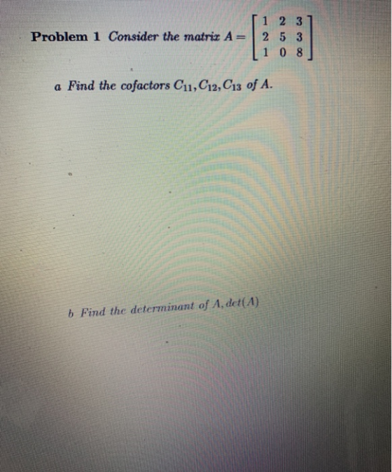 Problem 1 Consider the matrix Problem 1 Consider the matriz a 2 5 3 11 08 a Find the cofactors C11,C2,C3 of A. b Find the det