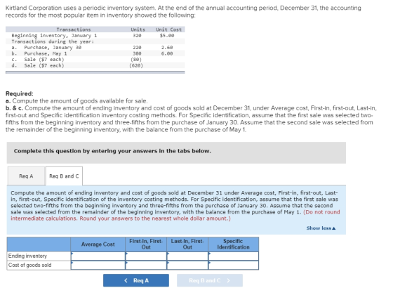 Kirtland Corporation uses a periodic inventory system. At the end of the annual accounting period, December 31, the accountin
