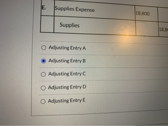 E. Supplies Expense 18,800 Supplies 18,80 O Adjusting Entry A O Adjusting Entry B O Adjusting Entry C O Adjusting Entry D O A