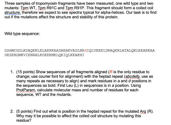 Three samples of tropomyosin fragments have been measured, one wild type and two mutants: Tpm WT, Tpm R91C and Tpm R91P. This