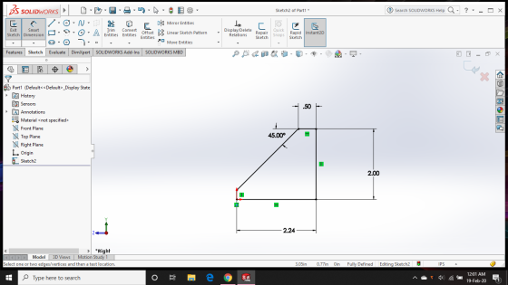 Sketch2 of Part1 * Search SOLIDWORKS Help Q- ?- - O X 35 SOLIDWORKS ODO-90W-@ 30- 1 / 6 -N - D F 61 Mirror Entities Exit Smar