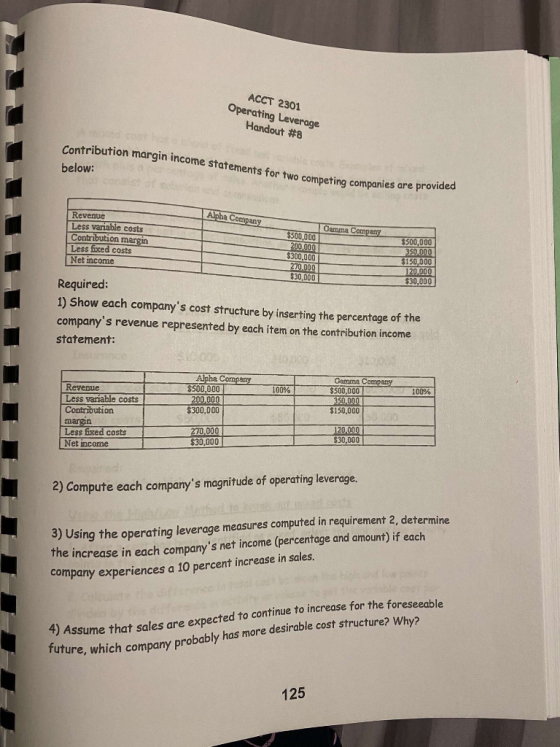 ACCT 2301 Operating Leverage Handout #8 d cot ha Contribution margin income statements for two competing companies are provid