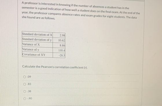 A professor is interested in knowing if the number of absences a student has in the semester is a good indication of how well