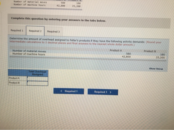 Number of material moves Number of machine hours 580 42,800 180 25,200 Complete this question by entering your answers in the