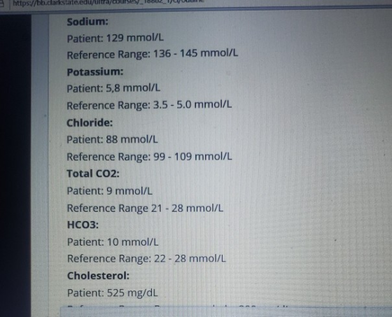 https//bb.clarkstate.edu/ultra/coursey_15002 Vyuu Sodium: Patient: 129 mmol/L Reference Range: 136 - 145 mmol/L Potassium: Pa