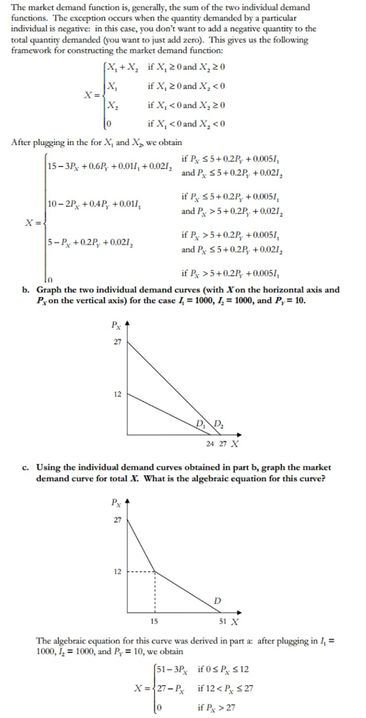 The market demand function is, generally, the sum of the two individual demand functions. Th individual is negative: in this case, you dont want to add a negative quantity to the total quantity demanded (you want to just add zeo). This gives us the following e exception occurs when the ty demanded by a particular r constructing the market demand function: X, +X, if X20and X 20 ifX,20and X.<0 İf X, < 0 and X,20 if X, < 0 and X2 <0 After plugging in the for X and X we obtain if P S5+0.2P +0.0051 and P S5+0.2P,+0.021 15-3Px +0.6Py 0.01, 0.0212 if P S5+0.2P +00051 and P >5+0.2Py 0.02 10-2P, +0.4Py 0.011 if P >5+0.2P 0.0051 and Pk S5+0.2P, +0.02/ 5-P 0.2P 0.02 if P >5+0.2R, +0.0051, 0 b. Graph the two individual demand curves (with Xon the horizontal axis and on the vertical axis) for the case l, = 1000, = 1000, and P, = 10. 12 24 27 X Using the individual demand curves obtained in part b, graph the market demand curve for total X. What is the algebraic equation for this curve? c. 15 51 X The algebraic equation for this curve was derived in part a: after plugging in 1000, 1000, and Py10, we obtain ifPx > 27