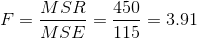 F=\frac{MSR}{MSE}=\frac{450}{115}=3.91