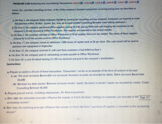 PROBLEM 3.28 Analyzing and Journalizing Transactions L03-3.103-4 .L03-8 .L03-6 .103-7 .0 8 Lyon, Inc.provides consulting serv