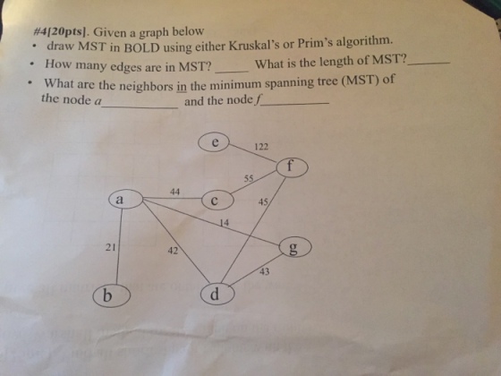 Given a graph below draw MST in BOLD using either