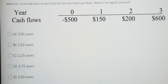Mansi Inc. is considering a project that has the attached cash flows. What is its regular payback? Year 0 2 Cash flows -$500