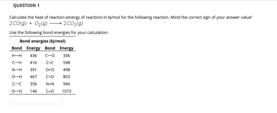 QUESTION 1 Calculate the heat of reaction (energy of reaction) in kJ/mol for the following reaction. Mind the correct sign of