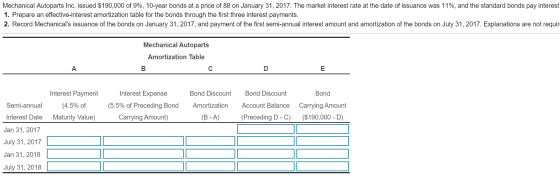 Mechanical Autoparts Inc. issued $190,000 of 9%, 10-year bonds at a price of 88 on January 31, 2017. The market interest rate