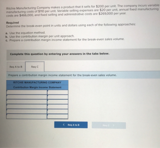 Ritchie Manufacturing Company makes a product that it sells for $200 per unit. The company incurs variable manufacturing cost