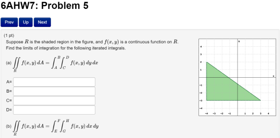 6AHW7: Problem 5 Prev Up Next (1 pt) Suppose R is the shaded region in the figure, and f(x,y) is a continuous function on R.