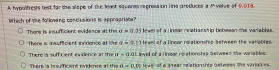 A hypothesis test for the slope of the least squares regression line produces a P-value of 0.018. Which of the following conc