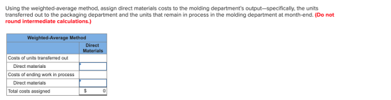 Using the weighted-average method, assign direct materials costs to the molding departments output-specifically, the units transferred out to the packaging department and the units that remain in process in the molding department at month-end. (Do not round intermediate calculations.) Weighted-Average Method Direct Materials Costs of units transferred out Direct materials Costs of ending work in process Direct materials Total costs assigned