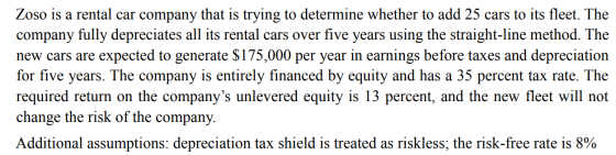 Zoso is a rental car company that is trying to determine whether to add 25 cars to its fleet. The company fully depreciates a