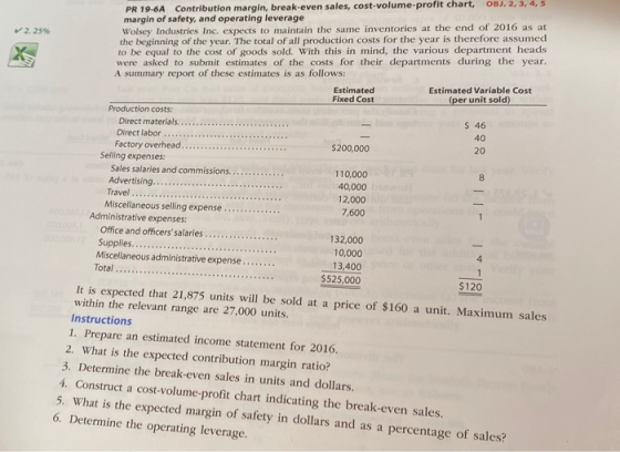 ✓ 2.2596 PR 19-6A Contribution margin, break-even sales, cost-volume-profit chart, OBJ. 2, 3, 4, 5 margin of safety, and oper