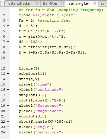 | | data_extract.m x BCI-IV.m x sampling. m x sam 8% for Fs = 5hz (sampling frequency) close all;clear all;clc; Fs = 5; $samp