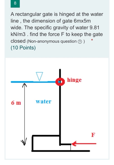 8 A rectangular gate is hinged at the water line , the dimension of gate 6mx5m wide. The specific gravity of water 9.81 kN/m3