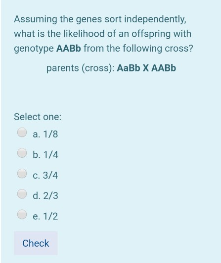 Assuming the genes sort independently, what is the likelihood of an offspring with genotype AABb from the following cross? pa