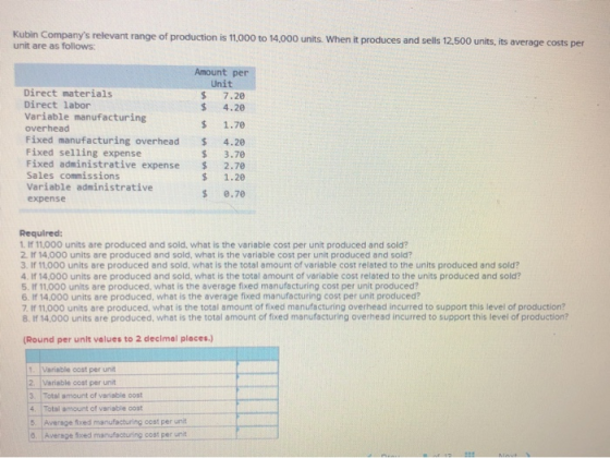Kubin Companys relevant range of production is 11,000 to 14,000 units. When it produces and sells 12,500 units, its average