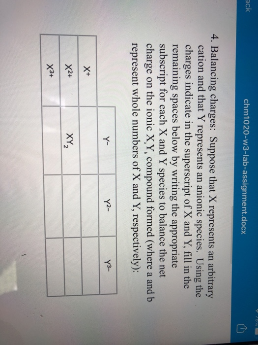 ack chm1020-W3-lab-assignment.docx 4. Balancing charges: Suppose that X represents an arbitrary cation and that Y represents