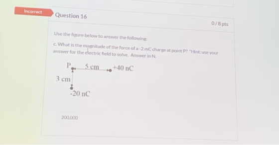 Incorrect Question 16 0/8 pts Use the figure below to answer the following: c. What is the magnitude of the force of a-2 mC c