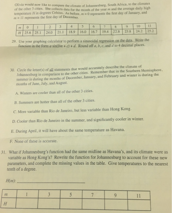 Olivia would now like to compare the climate of Johannesburg. South Africa, to the climates of the other 3 cities. She collec