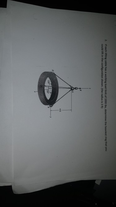 If each lifting cable has a working load limit of 1000 lbs, determine the heaviest ring that you could lift in the configuration shown. (the radlus is 3 ft) 2. 4 tt