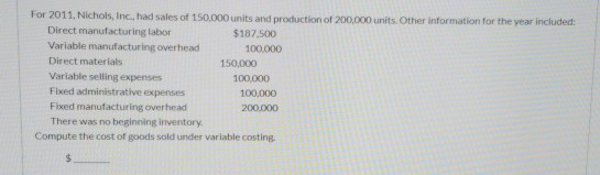 For 2011, Nichols, Inc., had sales of 150.000 units and production of 200,000 units. Other information for the year included: