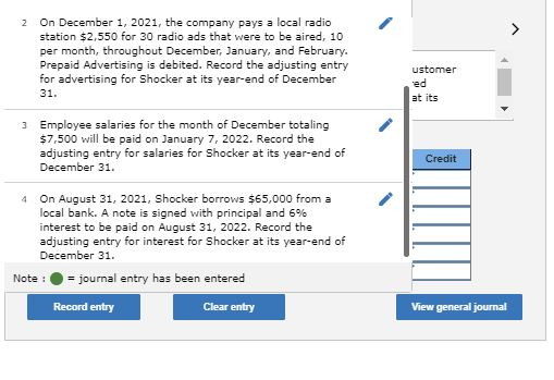 2 On December 1, 2021, the company pays a local radio station $2.550 for 30 radio ads that were to be aired, 10 per month, th
