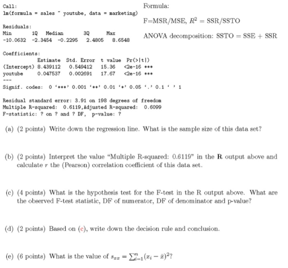 Formula: Call: 1m (formula = sales youtube, data = marketing) Residuals: Min 1Q Median 3Q Max -10.0632 -2.3454 -0.2295 2.4805