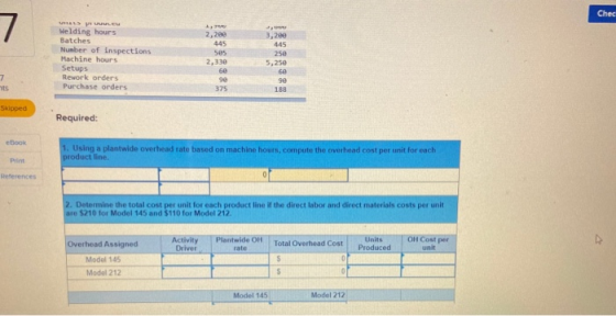 Chec LCU Welding hours Batches Number of inspections Machine hours Setups Rework orders Purchase orders 2.330 Required: 1. Us