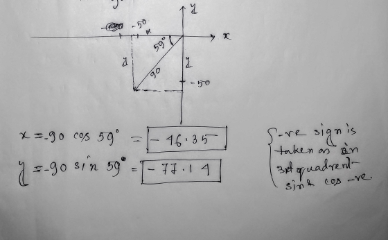 y ►r 5907 1 2 90 x 3.90 cos 59° - 46.35 sore sign is taken as Bin sin 59° y = -90 sin 77. 14 3rd quadrant sin cos -re.
