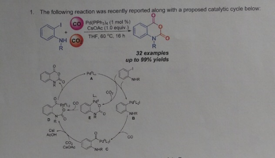 0 1. The following reaction was recently reported along with a proposed catalytic cycle below: co Pd(PPhg) (1 mol %) CsOAC (1