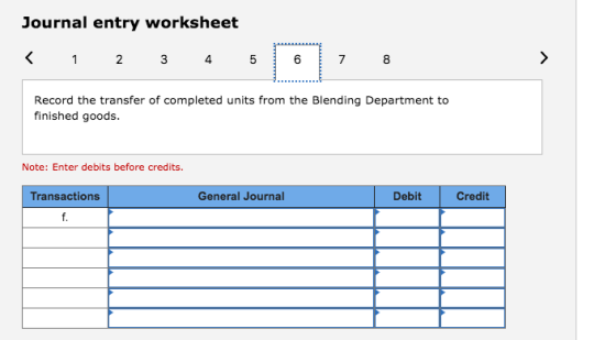 Journal entry worksheet Record the transfer of completed units from the Blending Department to finished goods. Note: Enter debits before credits. Transactions General Journal Debit Credit
