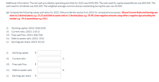Additional information: The net cash provided by operating activities for 2022 was $190,900. The cash used for capital expend