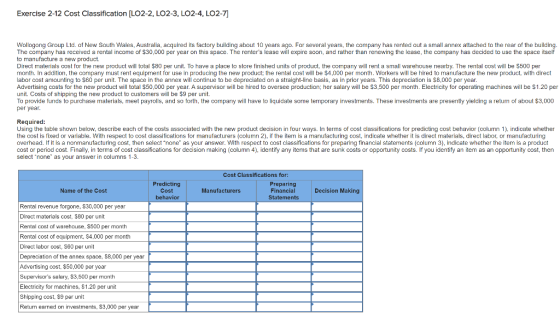 Exercise 2-12 Cost Classification [LO2-2, LO2-3, LO2-4, LO2-7] Wollogong Group Ltd. of New South Wales, Australia, acquired i