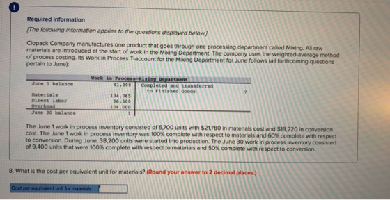 Required information (The following information applies to the questions displayed below.) Clopack Company manufactures one p