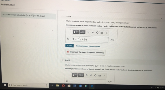 Problem 22.33 A-12 n charge is located at (x,y) - (10 cm 0 cm) What is the the position ( )-(50cm 0 cm) componentom? Express