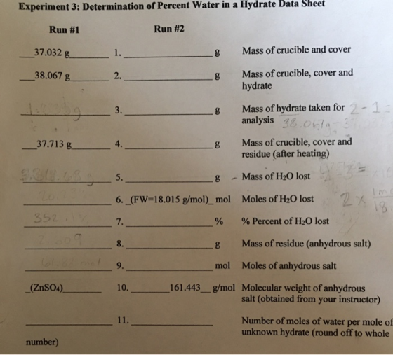 Experiment 3: Determination of Percent Water in a Hydrate Data Sheet Run #1 Run #2 _37.032 g Mass of crucible and cover 38.06