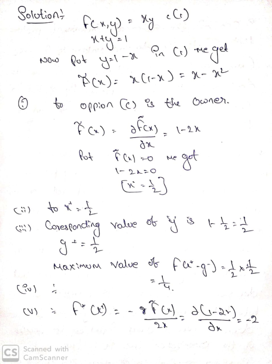 Solution f(x,y) = xy c(-) Now put y=1-8 in (r) me get *(x) = a (-x) = 8-22 - len © to oppion (e) as the owner. ř (u) afox), 1