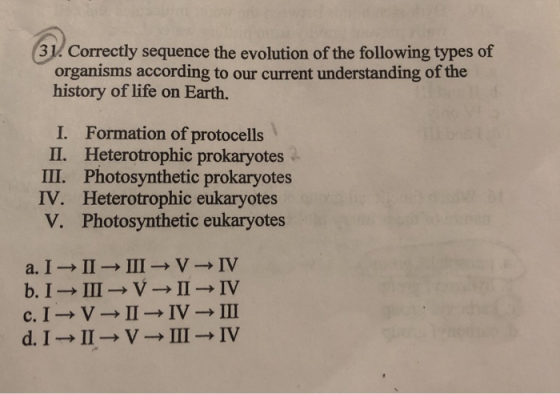 31. Correctly sequence the evolution of the following types of organisms according to our current understanding of the histor