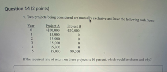 Question 14 (2 points) 1. Two projects being considered are mutually exclusive and have the following cash flows: Year Projec