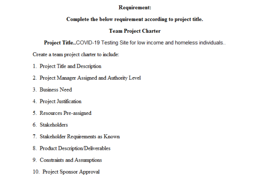 Requirement: Complete the below requirement according to project title. Team Project Charter Project Title..COVID-19 Testing