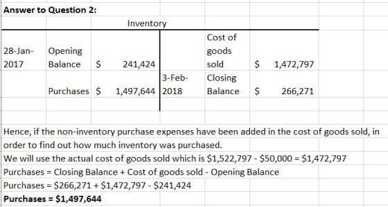 Answer to Question 2: Inventory 28-Jan- 2017 Opening Balance $ Cost of goods sold Closing Balance $ 241,424 3-Feb- 1,497,644