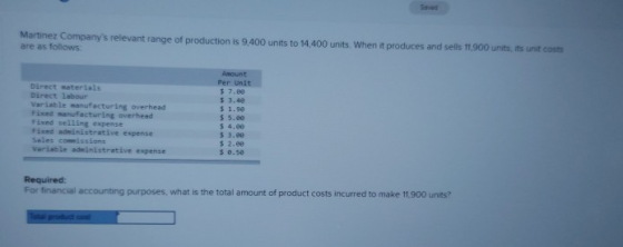 Sud Martinez Companys relevant range of production is 9,400 units to 14.400 units. When it produces and sells 11900 units, i