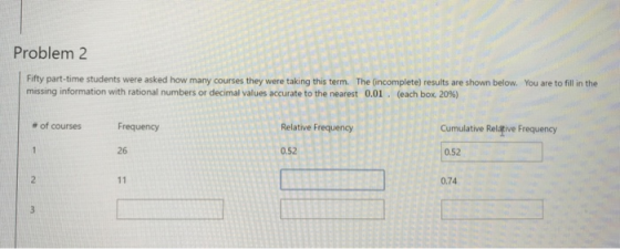 Problem 2 Fifty part-time students were asked how many courses they were taking this term. The (incomplete) results are shown