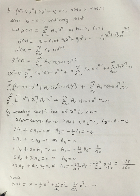 yt nyt 2y =0; 4(0) = 0, 4(o)=1 nt n. A - - n=0 h -2 an n- are 72 n-2 x no 1-11 0 MO go n . n na + 1-1) n=0 since no=0 is ord
